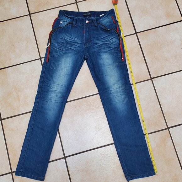 Red Zipper Accent Distressed Fade Blue Stretchy Denim Skinny Jeans - Picture 3 of 10